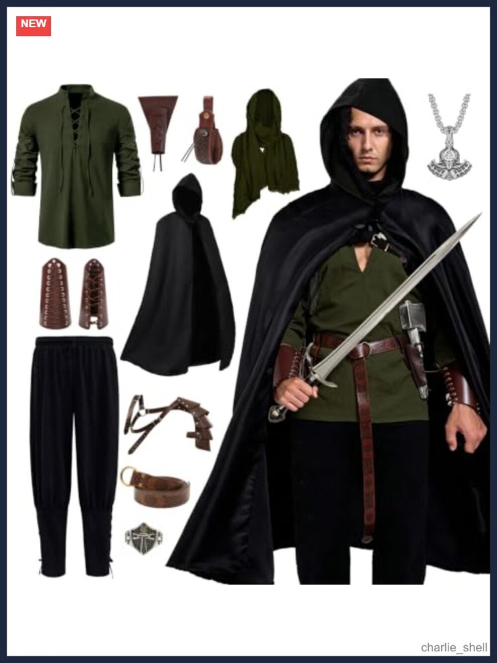 Men's 10-Piece Renaissance Medieval Pirate Viking Costume Outfit Set Polyester
